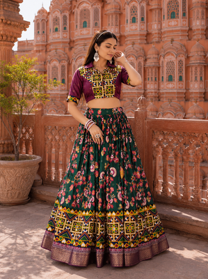 Green Soft Silk Blend Printed Gamthi Work Lehenga Se 1