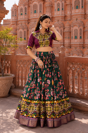 Green Soft Silk Blend Printed Gamthi Work Lehenga Se