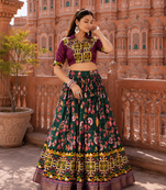 Green Soft Silk Blend Printed Gamthi Work Lehenga Se