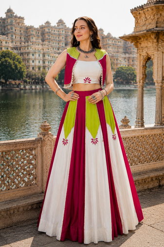 multicolor gota patti pearl work rayon navratri lehenga set