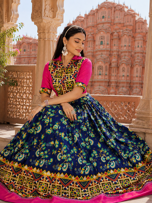Navy Blue Soft Silk Blend Printed Gamthi Work Lehenga Se 2