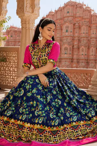 Navy Blue Soft Silk Blend Printed Gamthi Work Lehenga Se