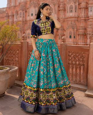 Sky Blue Soft Silk Blend Printed Gamthi Work Lehenga Se 1