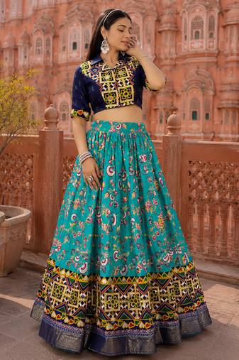 Sky Blue Soft Silk Blend Printed Gamthi Work Lehenga Se
