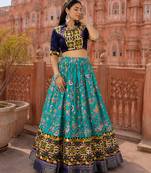 Sky Blue Soft Silk Blend Printed Gamthi Work Lehenga Se