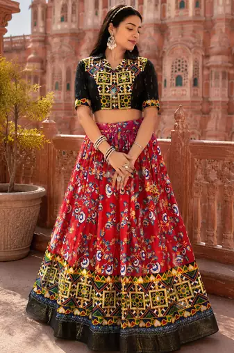 Red Soft Silk Blend Printed Gamthi Work Lehenga Se