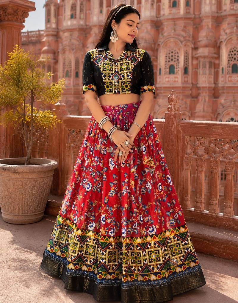 Red Soft Silk Blend Printed Gamthi Work Lehenga Se