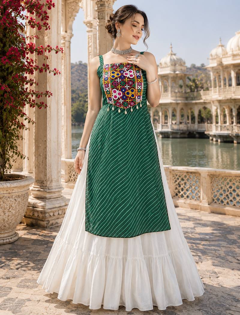 Green Leheriya Faux Georgette Kurti with Rayon Lehenga Set