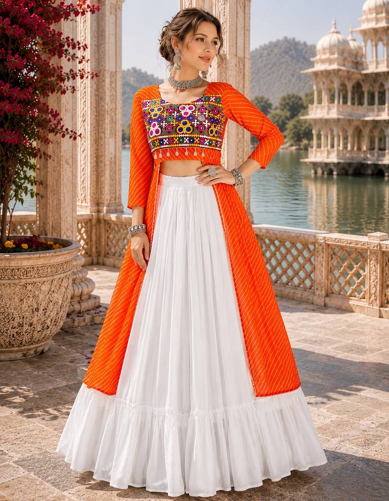 Green Leheriya Faux Georgette Kurti with Rayon Lehenga Set