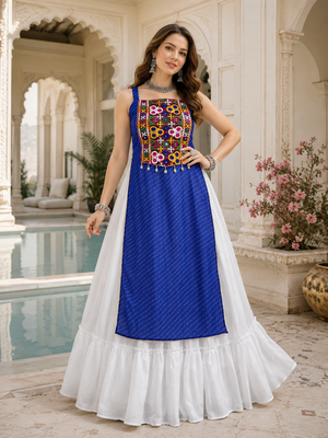 Blue Leheriya Faux Georgette Kurti with Rayon Lehenga Set 1