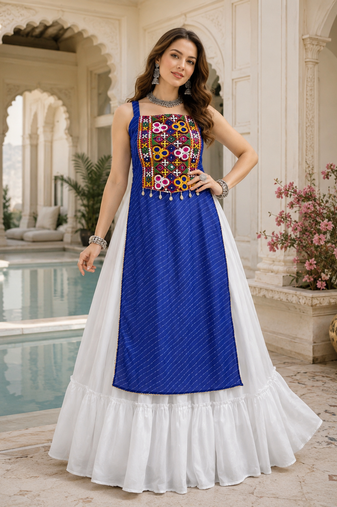 Blue Leheriya Faux Georgette Kurti with Rayon Lehenga Set