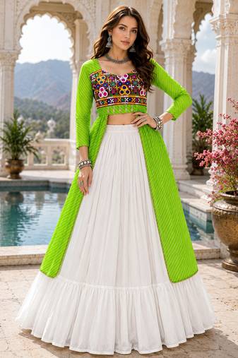 Parrot Leheriya Faux Georgette Kurti with Rayon Lehenga Set