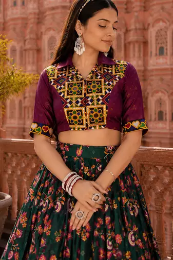 Green Soft Silk Blend Printed Gamthi Work Lehenga Se