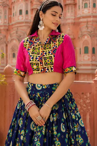 Navy Blue Soft Silk Blend Printed Gamthi Work Lehenga Se