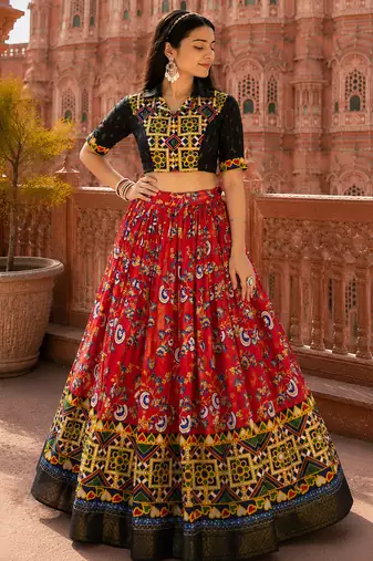 Red Soft Silk Blend Printed Gamthi Work Lehenga Se