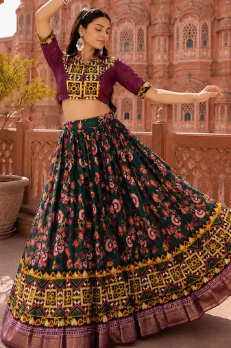 Green Soft Silk Blend Printed Gamthi Work Lehenga Se