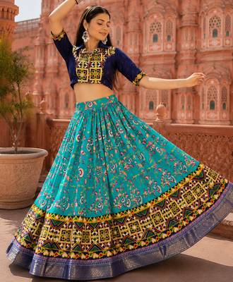 Sky Blue Soft Silk Blend Printed Gamthi Work Lehenga Se 2