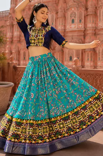 Sky Blue Soft Silk Blend Printed Gamthi Work Lehenga Se