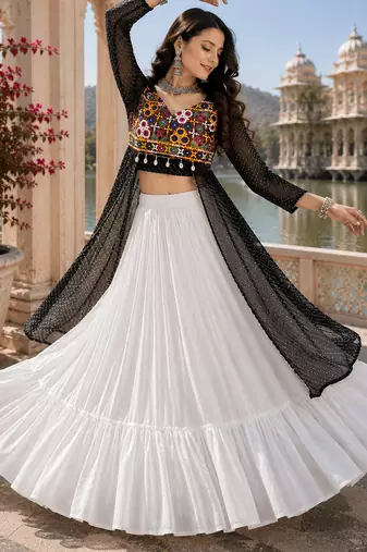 Black Leheriya Faux Georgette Kurti with Rayon Lehenga Set