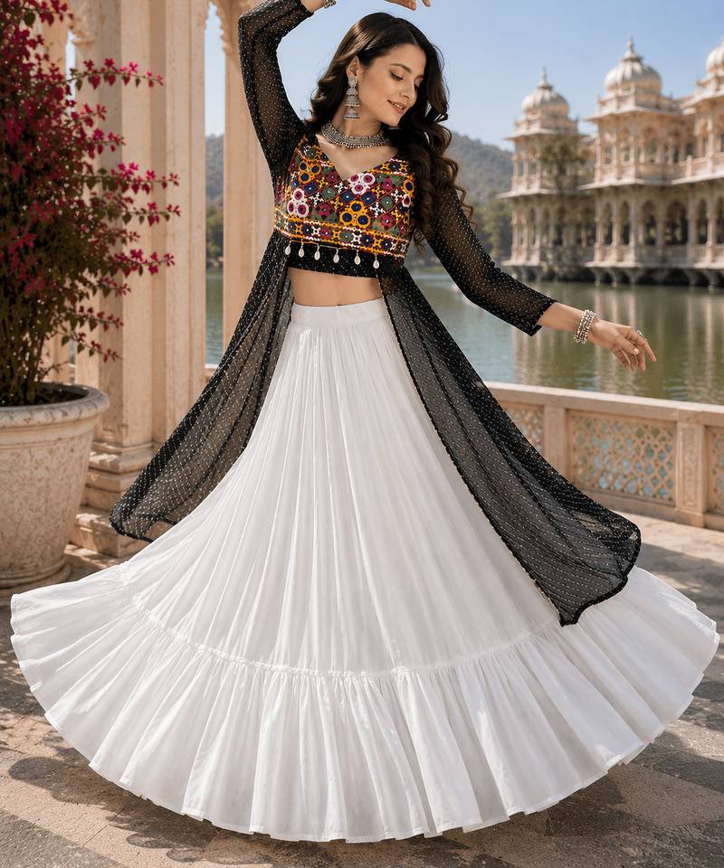 Black Leheriya Faux Georgette Kurti with Rayon Lehenga Set