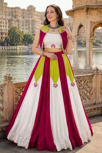 White Designer Rayon Lehenga Choli with Koti for Navratri