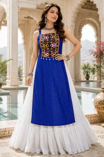 Blue Leheriya Faux Georgette Kurti with Rayon Lehenga Set