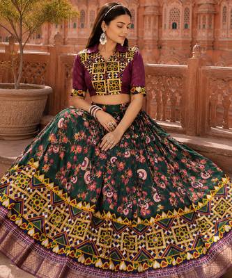 Green Soft Silk Blend Printed Gamthi Work Lehenga Se 4