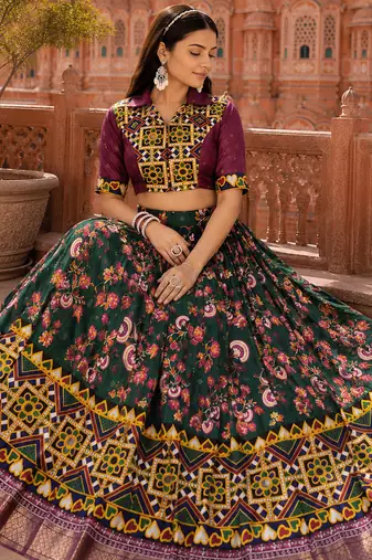 Green Soft Silk Blend Printed Gamthi Work Lehenga Se