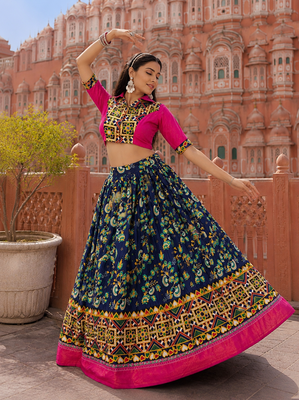 Navy Blue Soft Silk Blend Printed Gamthi Work Lehenga Se 4