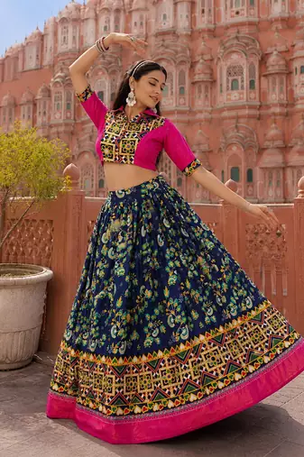 Navy Blue Soft Silk Blend Printed Gamthi Work Lehenga Se