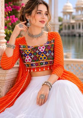 Green Leheriya Faux Georgette Kurti with Rayon Lehenga Set 3