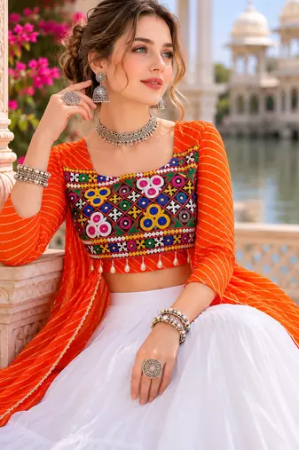 Green Leheriya Faux Georgette Kurti with Rayon Lehenga Set