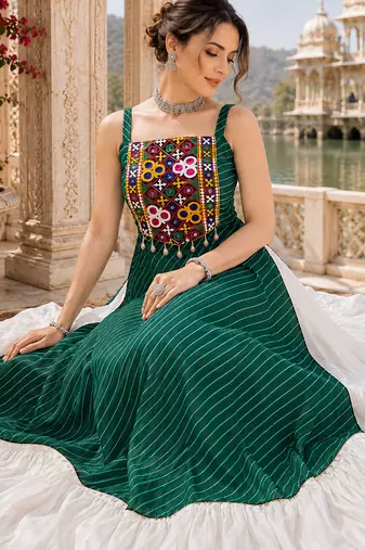 Green Leheriya Faux Georgette Kurti with Rayon Lehenga Set