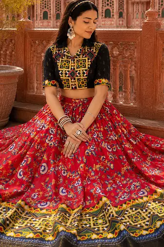 Red Soft Silk Blend Printed Gamthi Work Lehenga Se