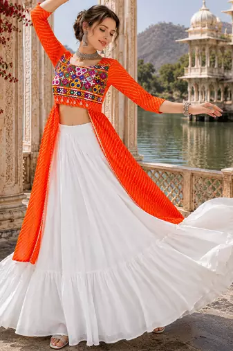 Green Leheriya Faux Georgette Kurti with Rayon Lehenga Set