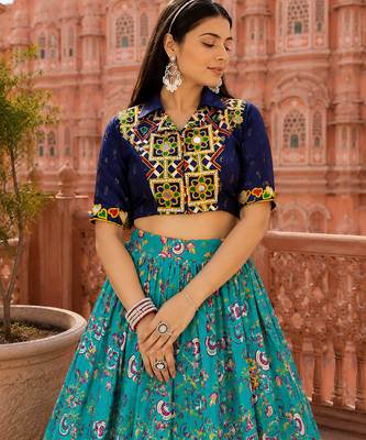Sky Blue Soft Silk Blend Printed Gamthi Work Lehenga Se 3