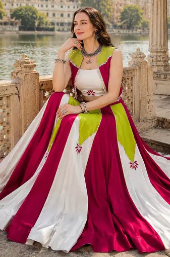 White Designer Rayon Lehenga Choli with Koti for Navratri