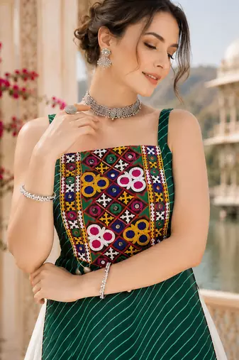 Green Leheriya Faux Georgette Kurti with Rayon Lehenga Set