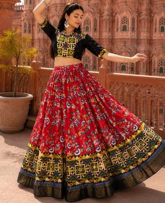 Red Soft Silk Blend Printed Gamthi Work Lehenga Se 4