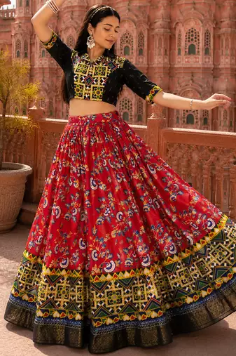 Red Soft Silk Blend Printed Gamthi Work Lehenga Se