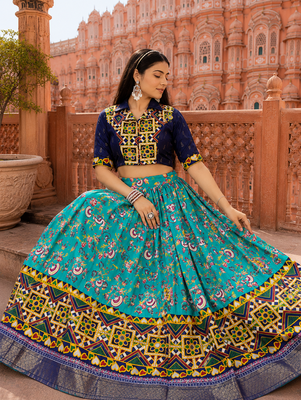 Sky Blue Soft Silk Blend Printed Gamthi Work Lehenga Se 4