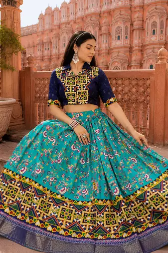 Sky Blue Soft Silk Blend Printed Gamthi Work Lehenga Se