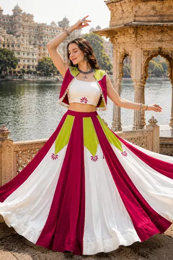 White Designer Rayon Lehenga Choli with Koti for Navratri