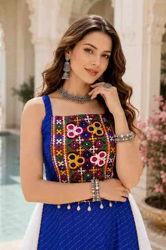 Blue Leheriya Faux Georgette Kurti with Rayon Lehenga Set