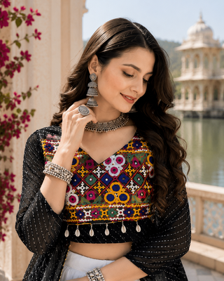 Black Leheriya Faux Georgette Kurti with Rayon Lehenga Set 3