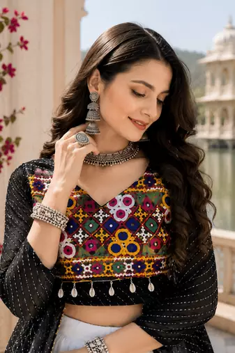 Black Leheriya Faux Georgette Kurti with Rayon Lehenga Set