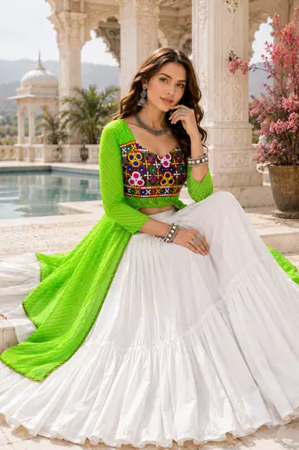 Parrot Leheriya Faux Georgette Kurti with Rayon Lehenga Set