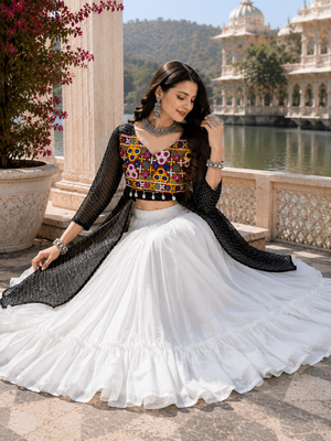 Black Leheriya Faux Georgette Kurti with Rayon Lehenga Set 4