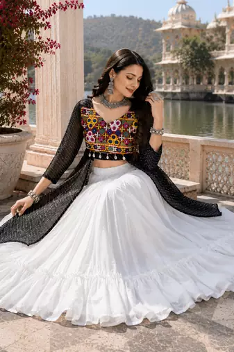 Black Leheriya Faux Georgette Kurti with Rayon Lehenga Set