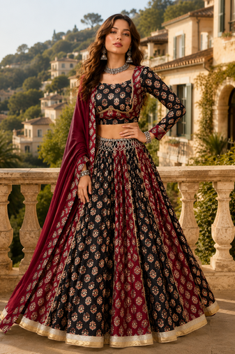 Black Heritage Ajrakh Print Rayon Cotton Lehenga Set